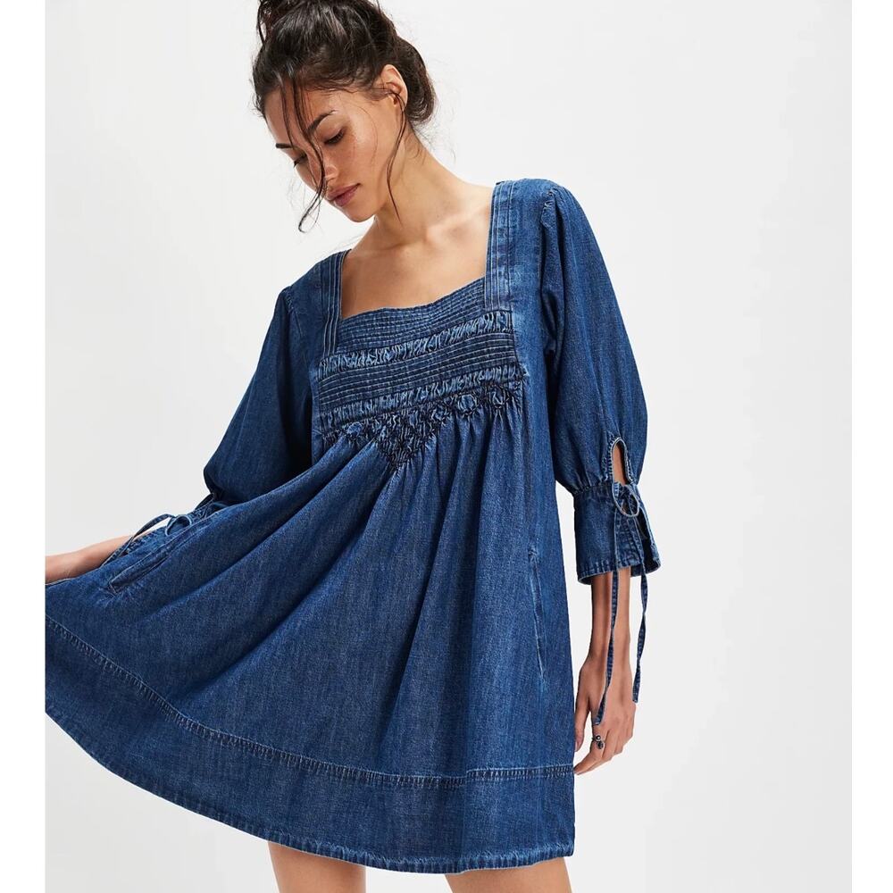NWT Free People Sonora Denim Babydoll Mini Dress Square Neck L Midnight Rinse